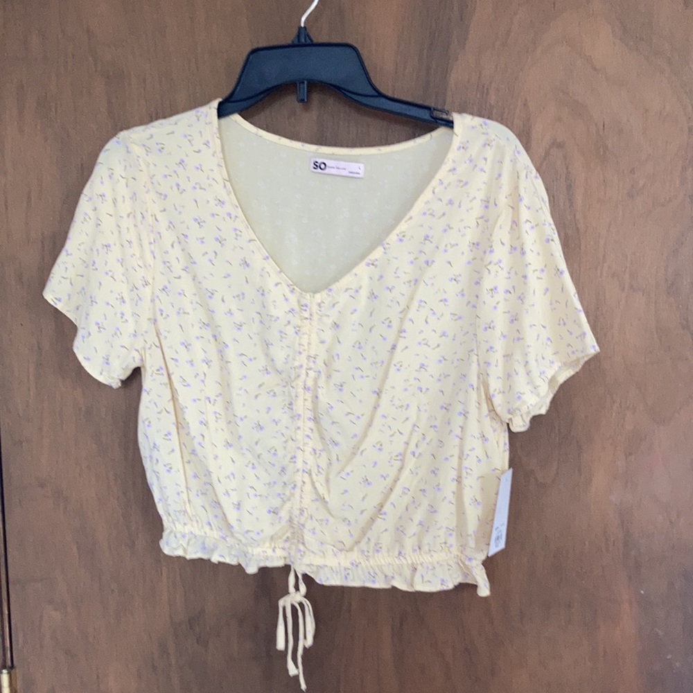 3/$24 So top yellow with floral print cinch front top boho casual summer L jr - Picture 10 of 17